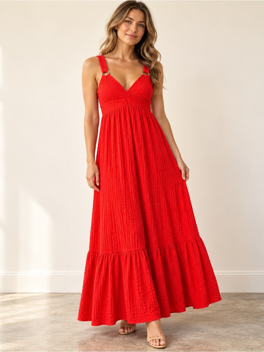 Red Maxi Sundress with Smocked Bodice - Picture 4 of 4